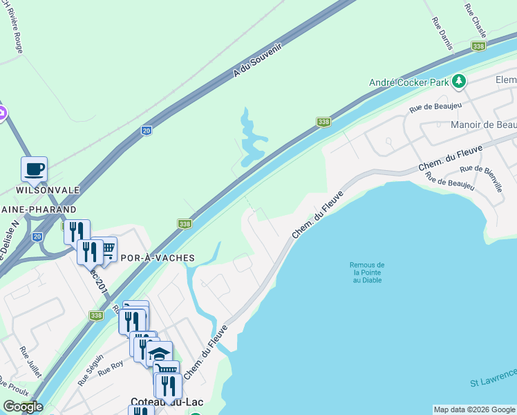 map of restaurants, bars, coffee shops, grocery stores, and more near Chemin du Fleuve in Coteau-du-Lac