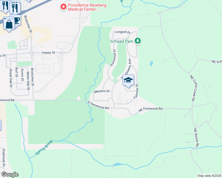 map of restaurants, bars, coffee shops, grocery stores, and more near 4925 Masters Drive in Newberg