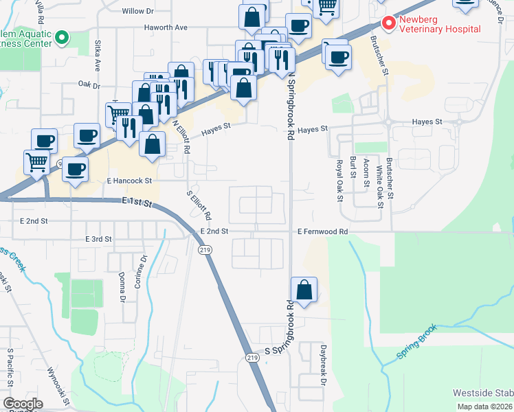 map of restaurants, bars, coffee shops, grocery stores, and more near 2901 East 2nd Street in Newberg