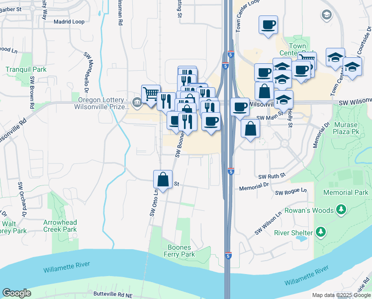 map of restaurants, bars, coffee shops, grocery stores, and more near 30480 Southwest Boones Ferry Road in Wilsonville