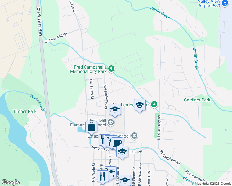 map of restaurants, bars, coffee shops, grocery stores, and more near 134 Northeast Liberty Lane in Estacada