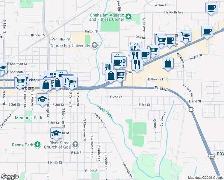 map of restaurants, bars, coffee shops, grocery stores, and more near 1506 East 1st Street in Newberg