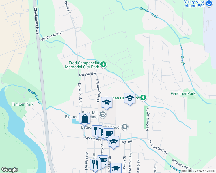 map of restaurants, bars, coffee shops, grocery stores, and more near 134 Northeast Liberty Lane in Estacada