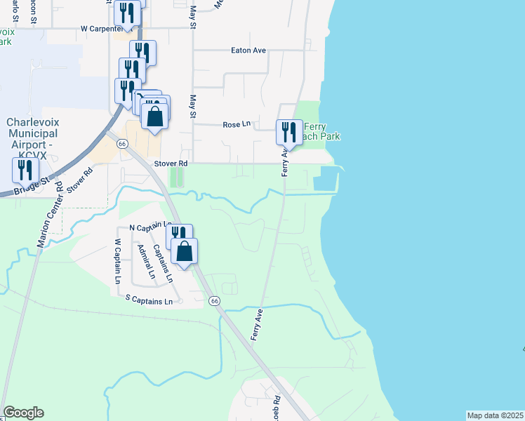 map of restaurants, bars, coffee shops, grocery stores, and more near 13435 Creekside Lane in Charlevoix