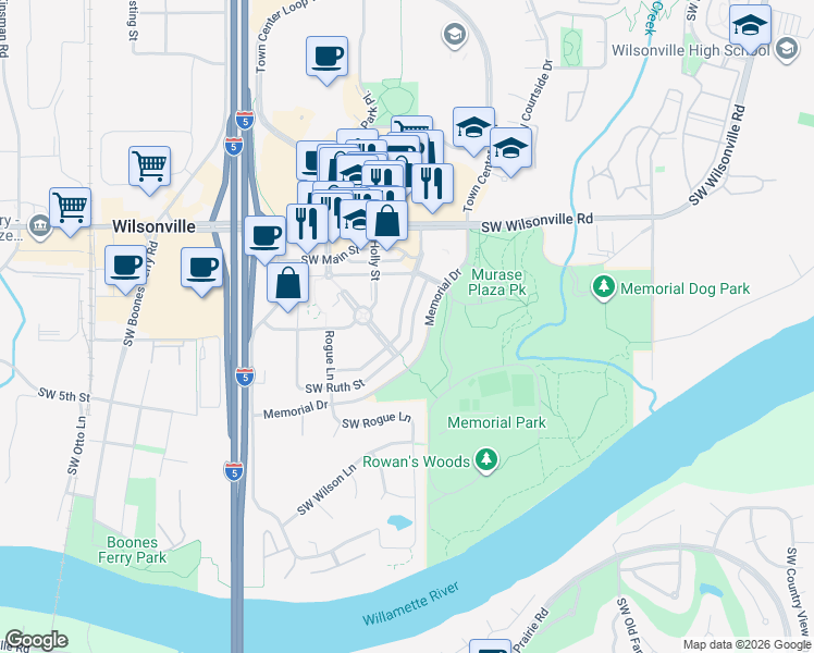 map of restaurants, bars, coffee shops, grocery stores, and more near 30380 Southwest Rebekah Street in Wilsonville