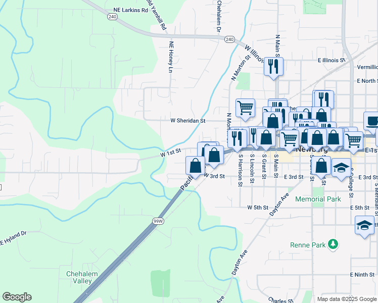 map of restaurants, bars, coffee shops, grocery stores, and more near 800 West 1st Street in Newberg