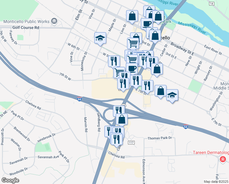 map of restaurants, bars, coffee shops, grocery stores, and more near 216 7th Street West in Monticello