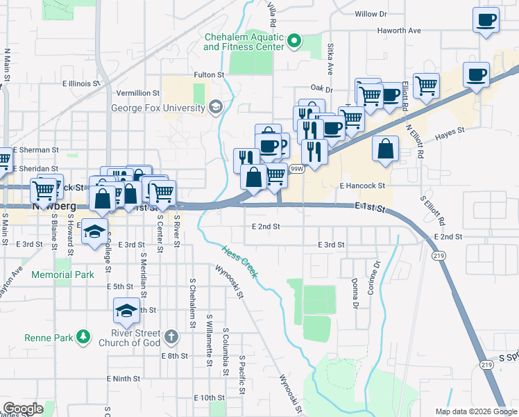 map of restaurants, bars, coffee shops, grocery stores, and more near 1510 East 1st Street in Newberg