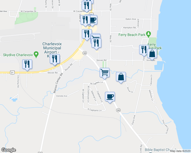 map of restaurants, bars, coffee shops, grocery stores, and more near Highway 66 in Charlevoix