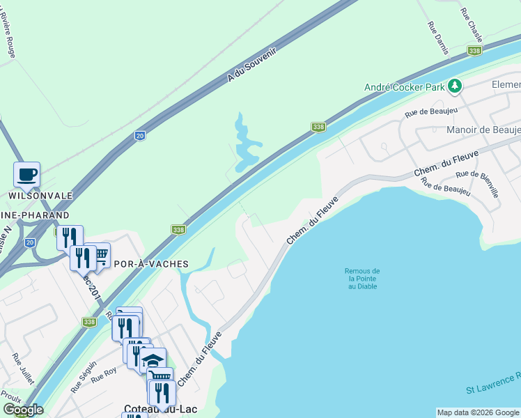 map of restaurants, bars, coffee shops, grocery stores, and more near Chemin du Fleuve in Coteau-du-Lac