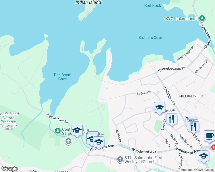 map of restaurants, bars, coffee shops, grocery stores, and more near 150 Manners Sutton Road in Saint John