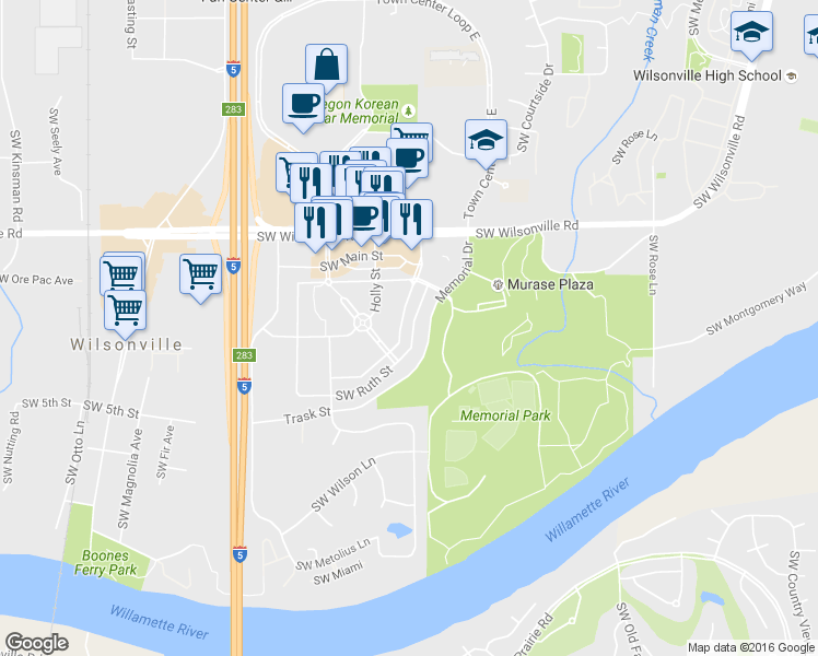 map of restaurants, bars, coffee shops, grocery stores, and more near 30380 Southwest Rebekah Street in Wilsonville