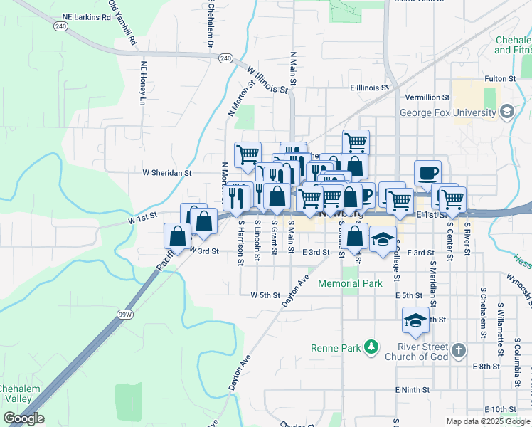 map of restaurants, bars, coffee shops, grocery stores, and more near 107 South Grant Street in Newberg