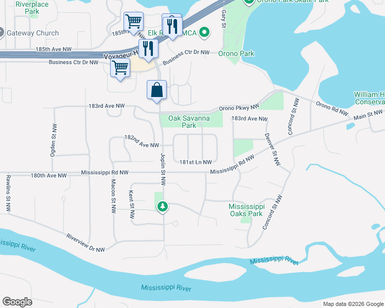 map of restaurants, bars, coffee shops, grocery stores, and more near 18148 Hudson Street Northwest in Elk River