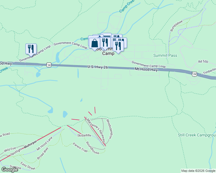 map of restaurants, bars, coffee shops, grocery stores, and more near 31164 East Multorpor Road in Government Camp