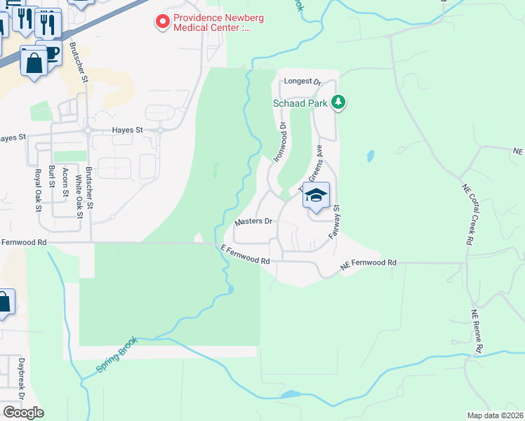 map of restaurants, bars, coffee shops, grocery stores, and more near 4925 Masters Drive in Newberg