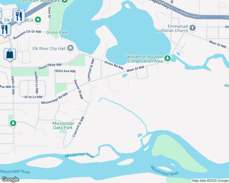 map of restaurants, bars, coffee shops, grocery stores, and more near 12852 182nd Avenue Northwest in Elk River