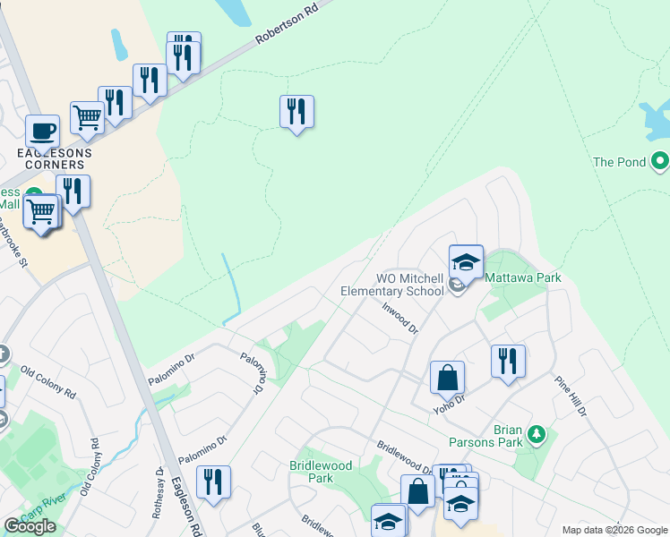 map of restaurants, bars, coffee shops, grocery stores, and more near 61 Shetland Way in Ottawa