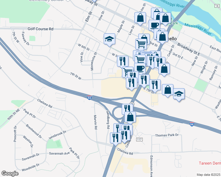 map of restaurants, bars, coffee shops, grocery stores, and more near 300 7th Street West in Monticello