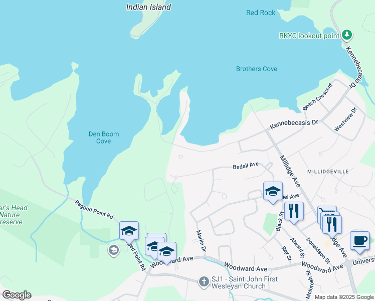 map of restaurants, bars, coffee shops, grocery stores, and more near 150 Manners Sutton Road in Saint John