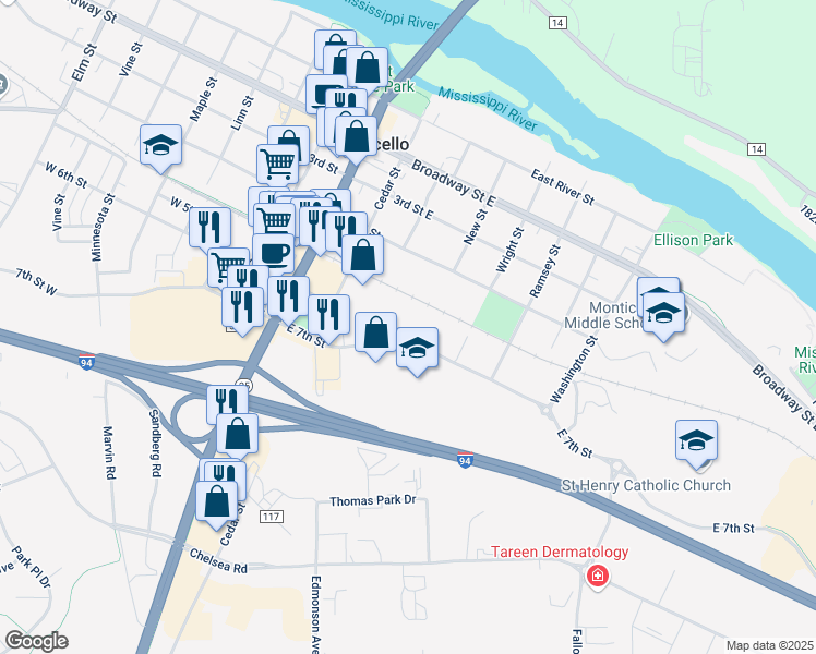 map of restaurants, bars, coffee shops, grocery stores, and more near 401 7th Street East in Monticello