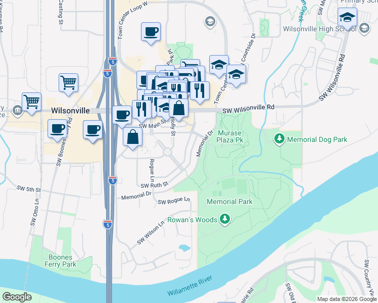 map of restaurants, bars, coffee shops, grocery stores, and more near 30370 Southwest Rebekah Street in Wilsonville