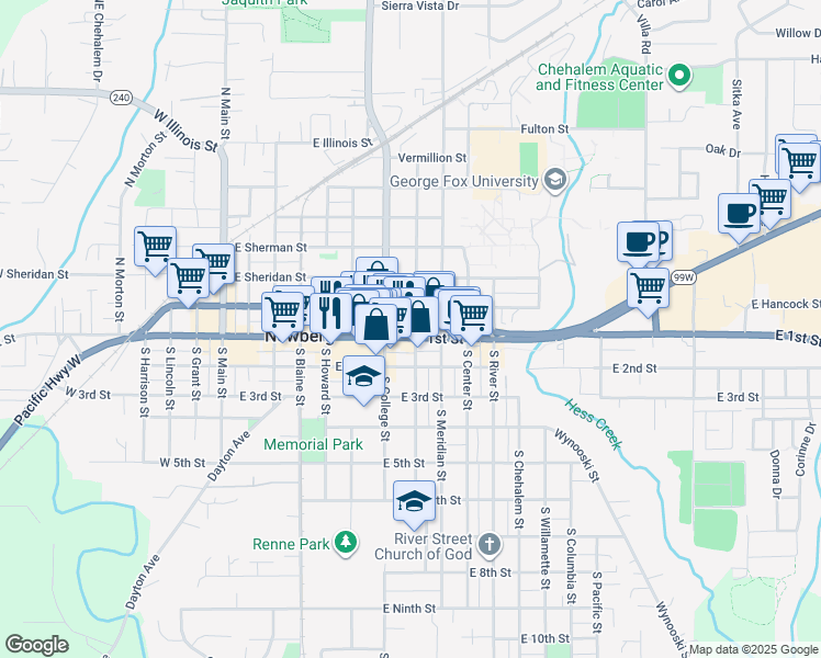 map of restaurants, bars, coffee shops, grocery stores, and more near 112 South Edwards Street in Newberg