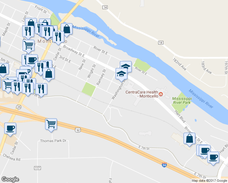 map of restaurants, bars, coffee shops, grocery stores, and more near 719 East 4th Street in Monticello