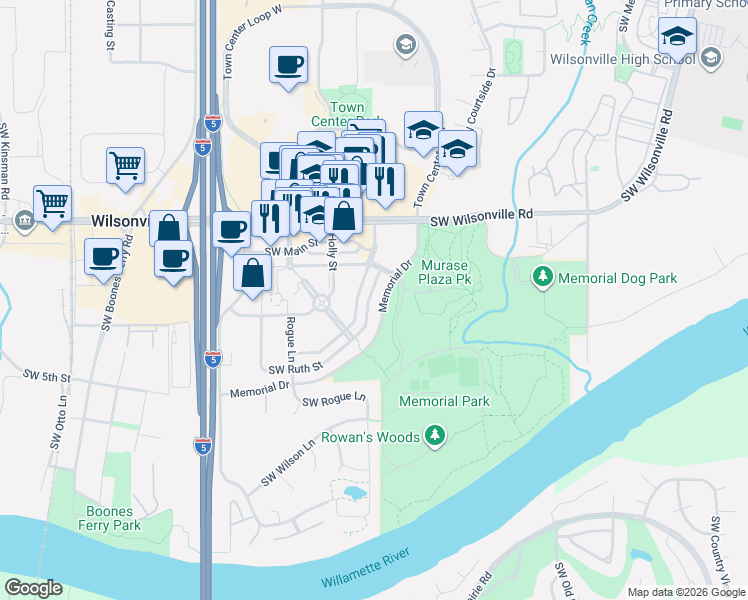 map of restaurants, bars, coffee shops, grocery stores, and more near 30366 Southwest Ruth Street in Wilsonville
