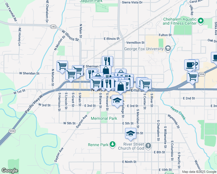 map of restaurants, bars, coffee shops, grocery stores, and more near 510 East 1st Street in Newberg