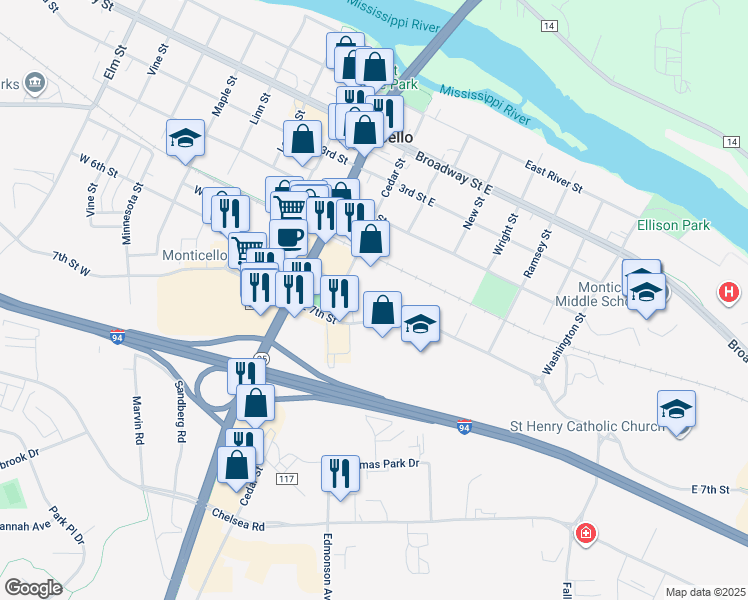 map of restaurants, bars, coffee shops, grocery stores, and more near 303 East 7th Street in Monticello