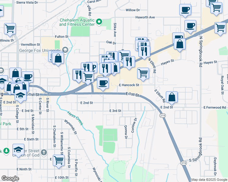 map of restaurants, bars, coffee shops, grocery stores, and more near 1619 East 2nd Street in Newberg