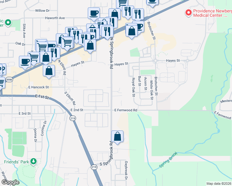map of restaurants, bars, coffee shops, grocery stores, and more near 3208 E Province Ct in Newberg