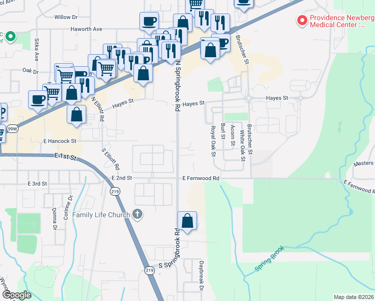 map of restaurants, bars, coffee shops, grocery stores, and more near 3208 E Province Ct in Newberg