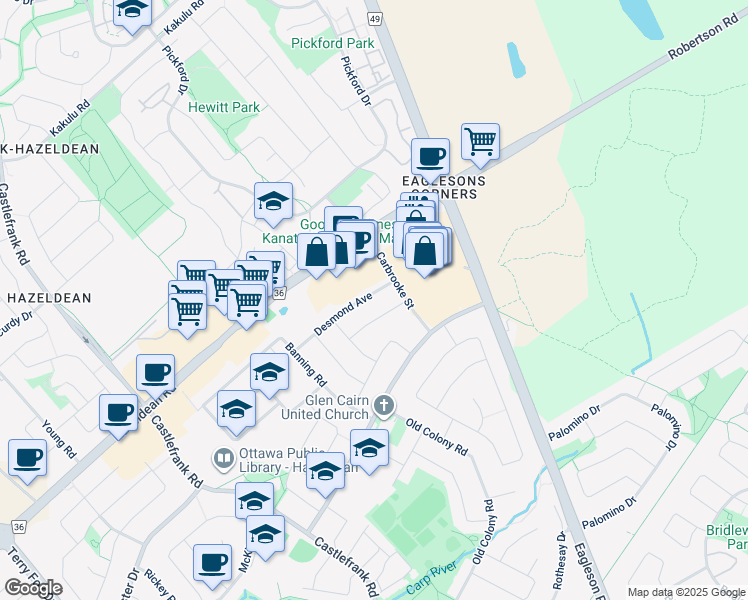 map of restaurants, bars, coffee shops, grocery stores, and more near 104 Desmond Avenue in Ottawa