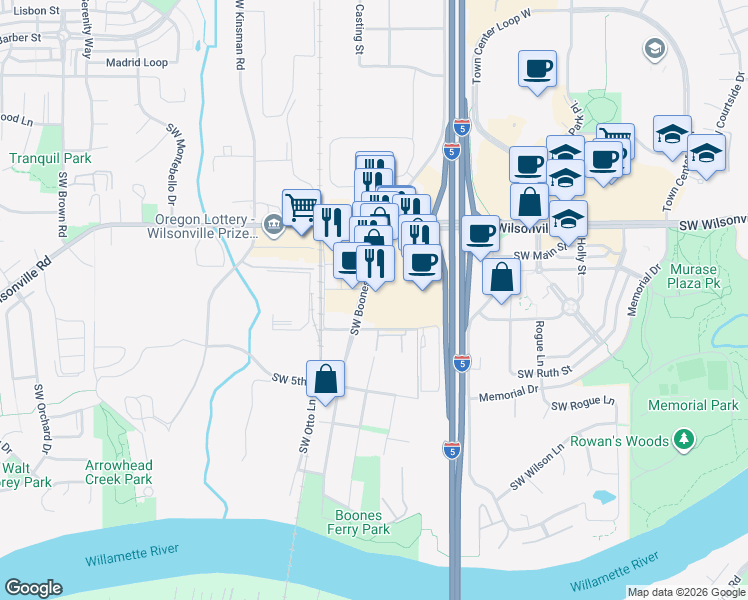 map of restaurants, bars, coffee shops, grocery stores, and more near 30310 Southwest Boones Ferry Road in Wilsonville