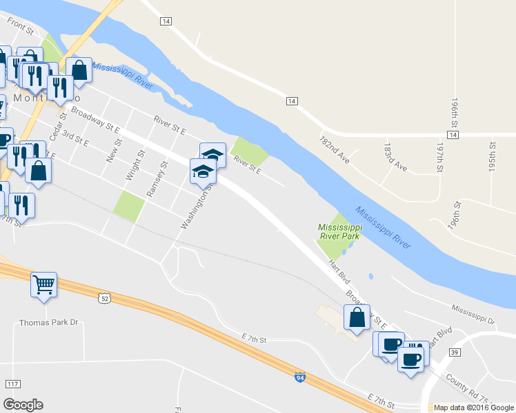 map of restaurants, bars, coffee shops, grocery stores, and more near 1071 Broadway Street East in Monticello