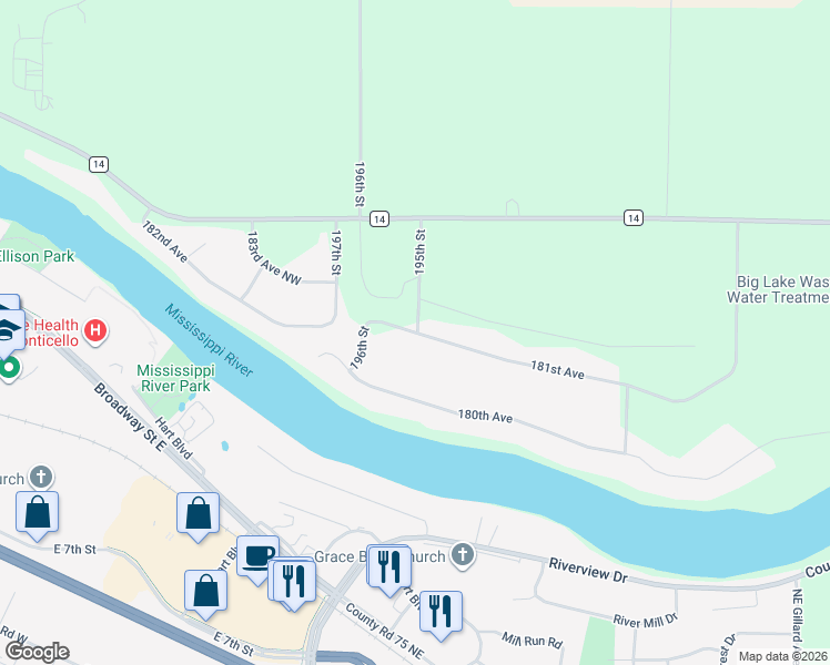 map of restaurants, bars, coffee shops, grocery stores, and more near 19505 181st Avenue in Big Lake