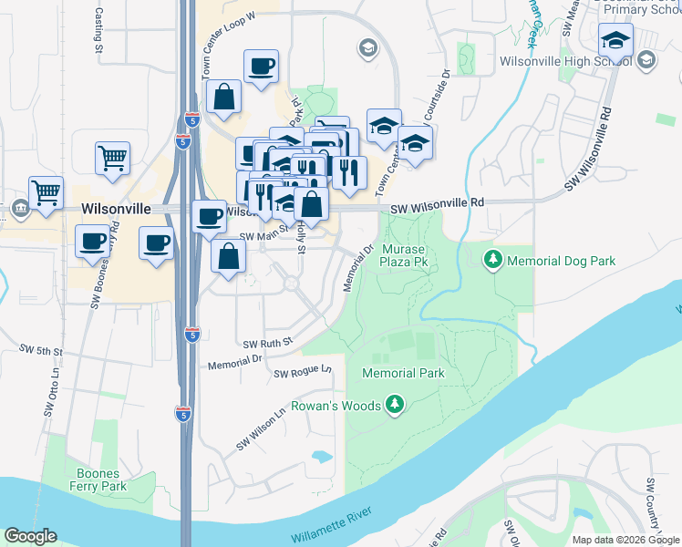 map of restaurants, bars, coffee shops, grocery stores, and more near 55 Southwest Ruth Street in Wilsonville