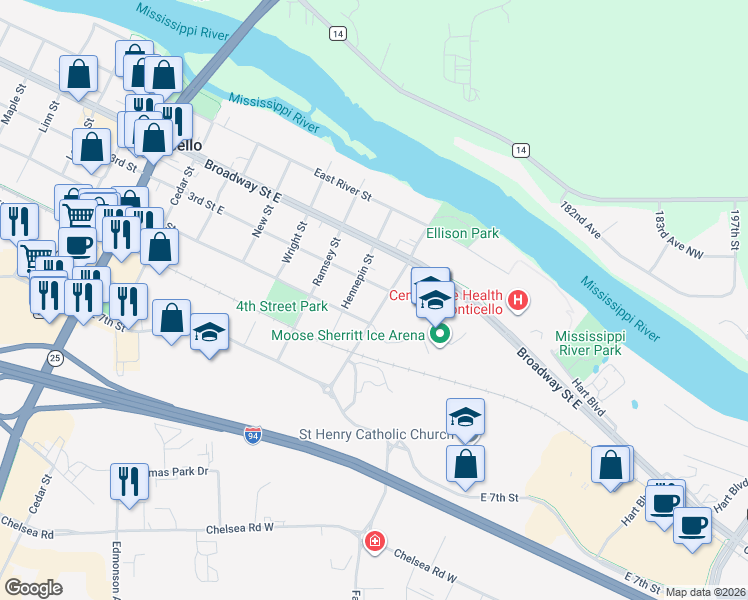 map of restaurants, bars, coffee shops, grocery stores, and more near 305 Washington Street in Monticello