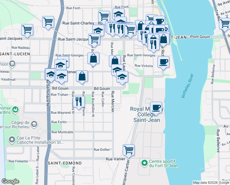map of restaurants, bars, coffee shops, grocery stores, and more near 75 Rue Mercier in Saint-Jean-sur-Richelieu