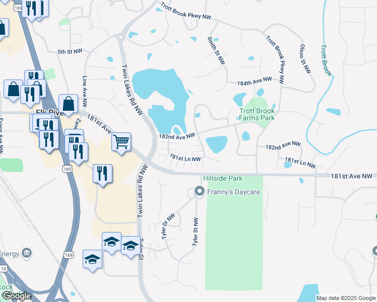 map of restaurants, bars, coffee shops, grocery stores, and more near 18248 Tyler Street Northwest in Elk River