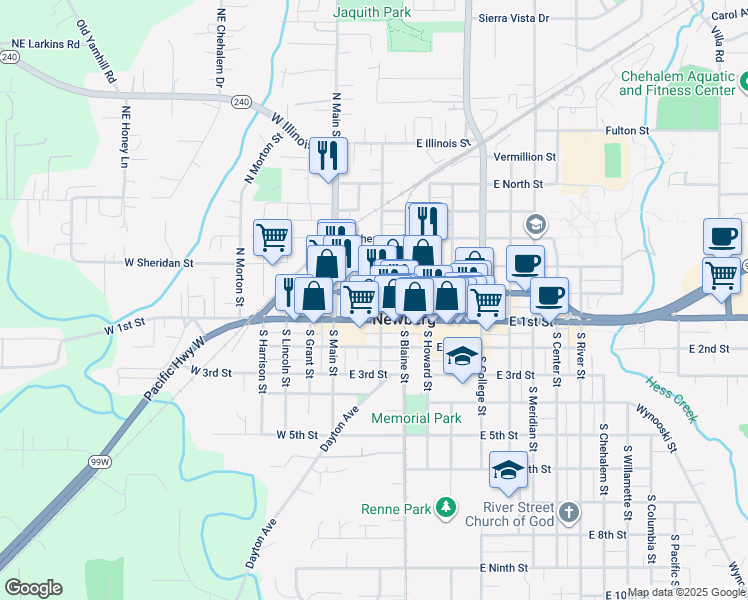 map of restaurants, bars, coffee shops, grocery stores, and more near 201 North Washington Street in Newberg