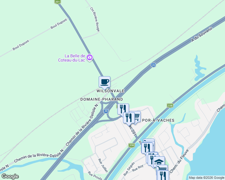 map of restaurants, bars, coffee shops, grocery stores, and more near 54 Québec 201 in Saint-Clet