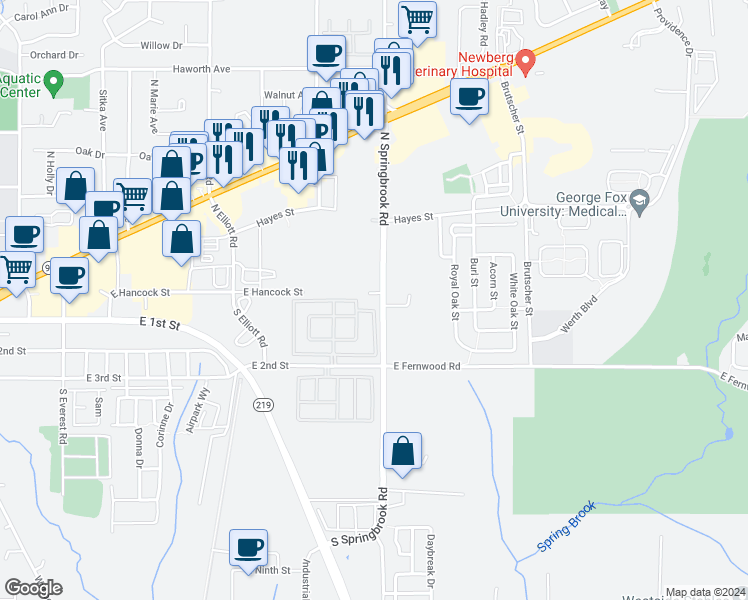 map of restaurants, bars, coffee shops, grocery stores, and more near 3214 East Hancock Street in Newberg