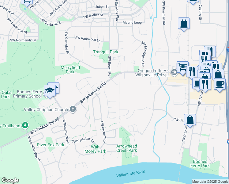 map of restaurants, bars, coffee shops, grocery stores, and more near 30195 Southwest Brown Road in Wilsonville