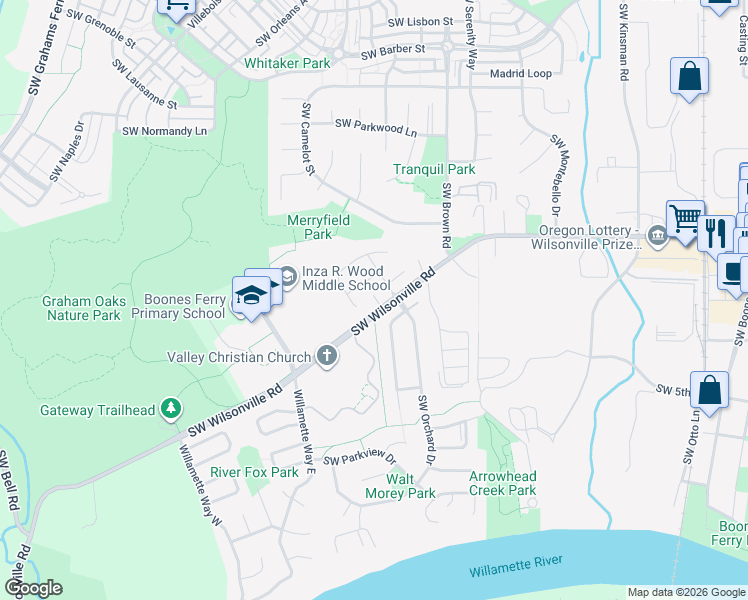 map of restaurants, bars, coffee shops, grocery stores, and more near 11107 Southwest Flores Street in Wilsonville
