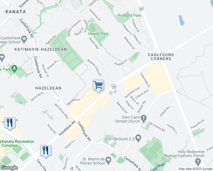 map of restaurants, bars, coffee shops, grocery stores, and more near 30 McDermot Court in Ottawa