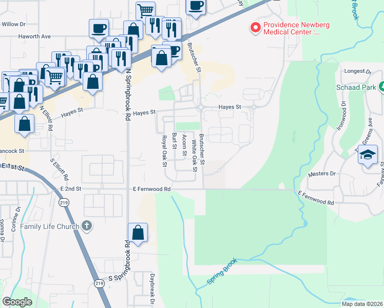 map of restaurants, bars, coffee shops, grocery stores, and more near 211 White Oak Street in Newberg