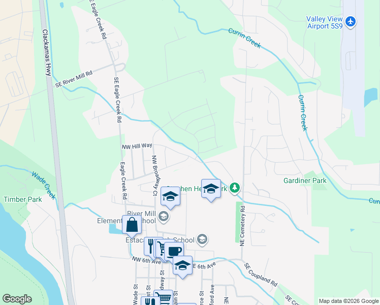 map of restaurants, bars, coffee shops, grocery stores, and more near 285 Northeast Hill Way in Estacada
